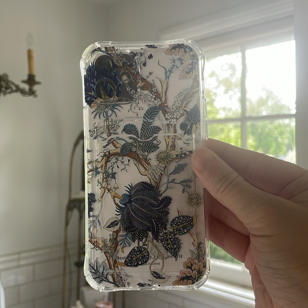 Floral Clear Phone Case - Blue and brown (fits iPhone 12)